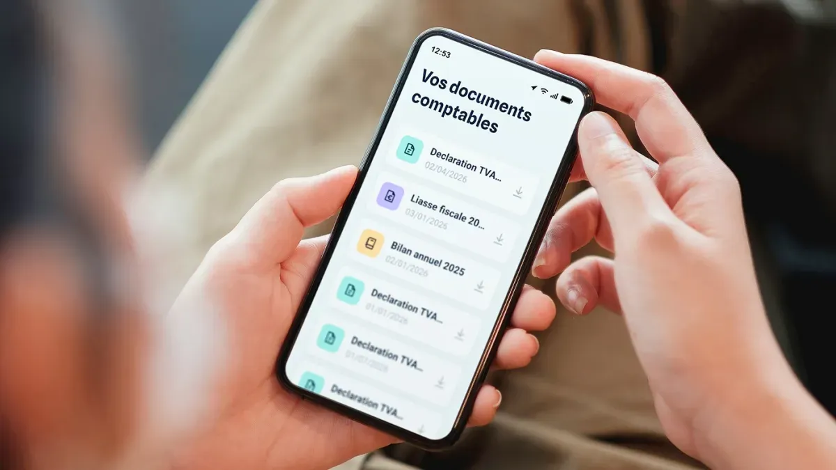 Image avec un téléphone, montrant des déclarations fiscales et bilan annuel de comptabilité