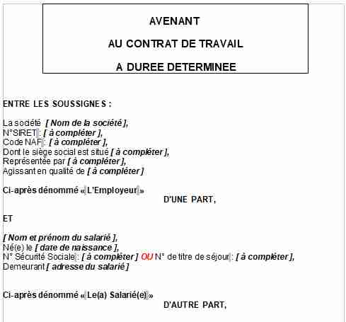 Modèle d'avenant pour renouvellement d'un CDD