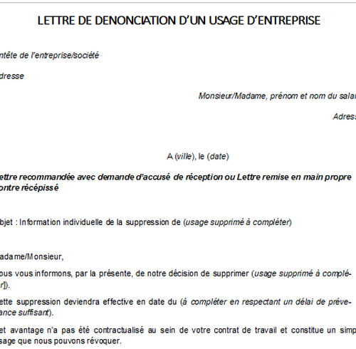 Lettre de dénonciation d'un usage d'entreprise