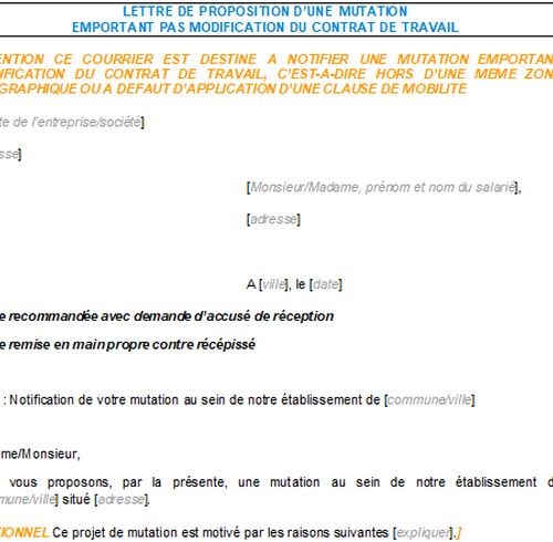 Lettre de proposition d'une mutation emportant pas de modification du contrat de travail