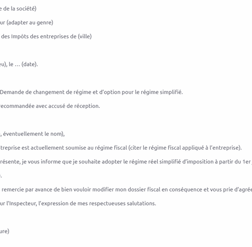 Modèle de lettre d’option pour le régime réel d’imposition