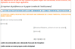 Modèle gratuit lettre d'acceptation suite à une demande de congé parental