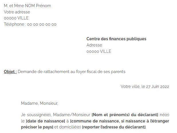 Attestation De Rattachement Au Foyer Fiscal Modèle Modèle de demande de rattachement au foyer fiscal de ses parents